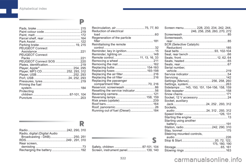 Peugeot 208 2015  Owners Manual - RHD (UK, Australia) 322
208_en_Chap10_index-alpha_ed01-2015
Screen menu ...............228, 230, 234, 242, 244, 
246, 256, 258, 260, 270, 272
Screenwash  .................................................... 85
Screenwash