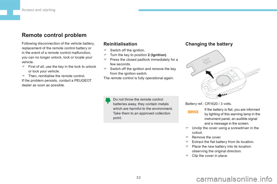 Peugeot 208 2015  Owners Manual - RHD (UK, Australia) 32
208_en_Chap02_ Acces-Demarrage_ed01-2015
Changing the battery
Battery ref.: CR1620 / 3 volts.If the battery is flat, you are informed 
by lighting of this warning lamp in the 
instrument panel, an 