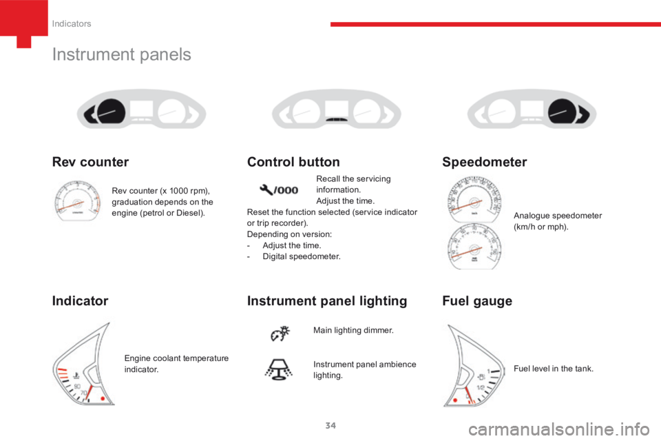 Peugeot 208 2015  Owners Manual - RHD (UK, Australia) 34
208_en_Chap03_Indicateurs_ed01-2015
Instrument panels
Instrument panel lighting Control button
Main lighting dimmer.Recall the servicing 
information.
Adjust the time.
Reset the function selected (