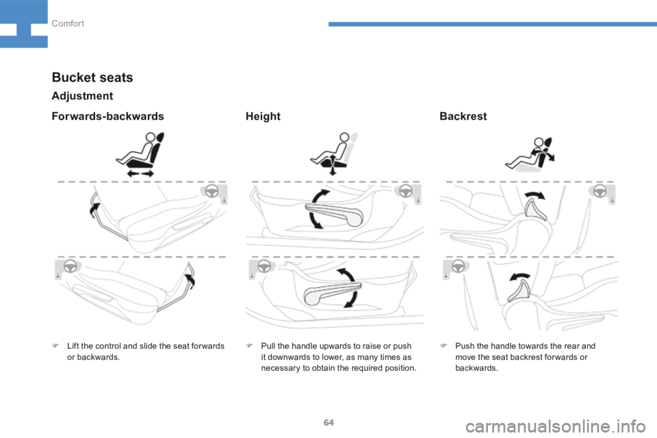 Peugeot 208 2015  Owners Manual - RHD (UK, Australia) 64
208_en_Chap04_confort_ed01-2015
Bucket seats
HeightBackrest
Adjustment
F 
Lift the control and slide the seat for wards 
or backwards. F 
Pull the handle upwards to raise or push 
it downwards to l
