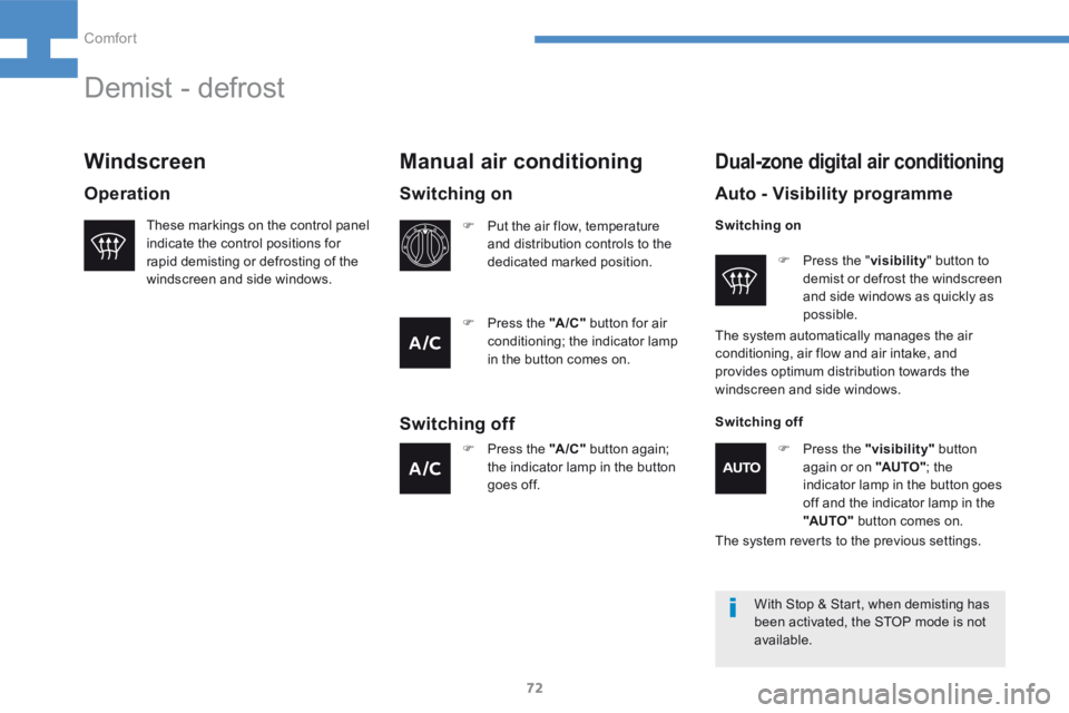 Peugeot 208 2015  Owners Manual - RHD (UK, Australia) 72
208_en_Chap04_confort_ed01-2015
Demist - defrost
These markings on the control panel 
indicate the control positions for 
rapid demisting or defrosting of the 
windscreen and side windows.
Manual a