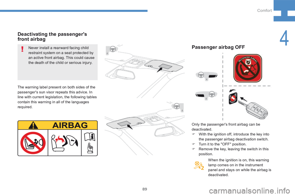 Peugeot 208 2015  Owners Manual - RHD (UK, Australia) 89
208_en_Chap04_confort_ed01-2015
Deactivating the passenger's 
front airbag
Never install a rear ward facing child 
restraint system on a seat protected by 
an active front airbag. This could ca