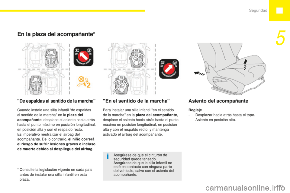 Peugeot 208 2015 Manual del propietario (in Spanish) Seguridad101
208_es_Chap05_securite_ed01-2015
En la plaza del acompañante*
"De espaldas al sentido de la marcha""En el sentido de la marcha"
Asegúrese de que el cinturón de
segurid Peugeot 208 2015 Manual del propietario (in Spanish) Seguridad101
208_es_Chap05_securite_ed01-2015
En la plaza del acompañante*
"De espaldas al sentido de la marcha""En el sentido de la marcha"
Asegúrese de que el cinturón de
segurid