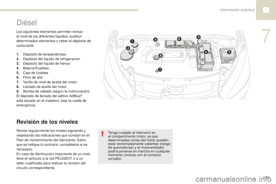 Peugeot 208 2015 Manual del propietario (in Spanish) Información práctica169
208_es_Chap07_informations-pratiques_ed01-2016
Los siguientes elementos permiten revisar
el nivel de los diferentes líquidos, sustituir
determinados elementos y cebar el d Peugeot 208 2015 Manual del propietario (in Spanish) Información práctica169
208_es_Chap07_informations-pratiques_ed01-2016
Los siguientes elementos permiten revisar
el nivel de los diferentes líquidos, sustituir
determinados elementos y cebar el d