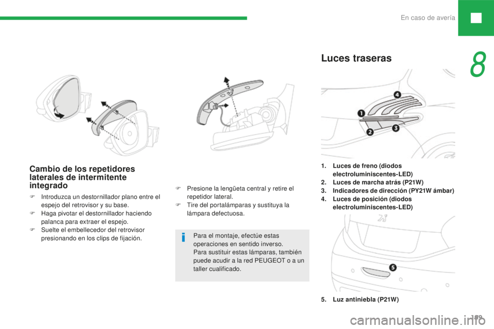 Peugeot 208 2015  Manual del propietario (in Spanish) En caso de avería199
208_es_Chap08_cas-de-panne_ed01-2016
1. Luces de freno (diodos electroluminiscentes-LED)
2.
 L

uces de marcha atrás (P21W)
3.
 I

ndicadores de dirección (PY21W ámbar)
4.
 L
