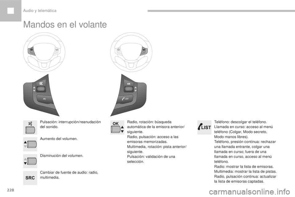 Peugeot 208 2015  Manual del propietario (in Spanish) 228
208_es_Chap10b_SMEGplus_ed01-2016
Mandos en el volante
Pulsación: interrupción/reanudación 
del sonido.
Aumento del volumen.
Cambiar de fuente de audio: radio, 
multimedia.Radio, rotación: bú