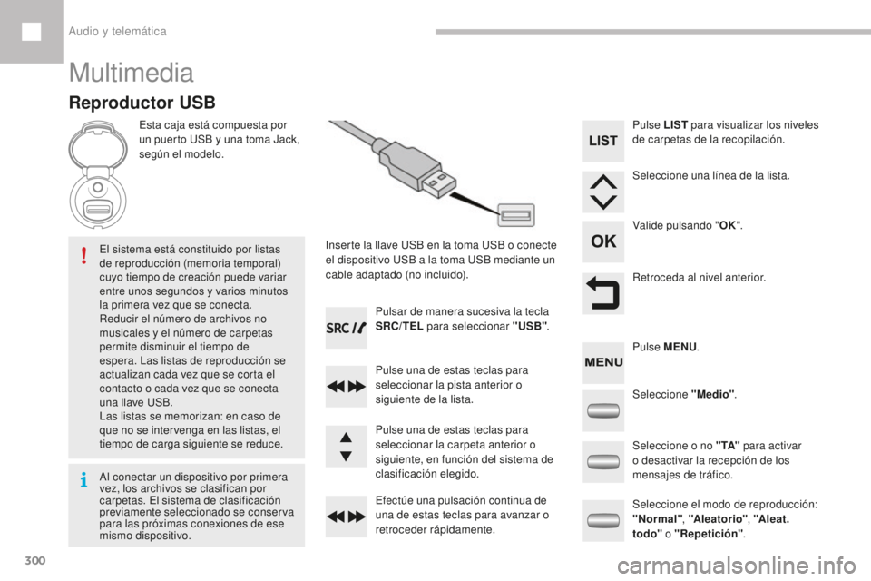 Peugeot 208 2015 Manual del propietario (in Spanish) 300
208_es_Chap10c_RDE2_ed01-2016
Multimedia
Reproductor USB
Esta caja está compuesta por
un puerto USB y una toma Jack,
según el modelo.Inserte la llave USB en la toma USB o conecte
el dispositi Peugeot 208 2015 Manual del propietario (in Spanish) 300
208_es_Chap10c_RDE2_ed01-2016
Multimedia
Reproductor USB
Esta caja está compuesta por
un puerto USB y una toma Jack,
según el modelo.Inserte la llave USB en la toma USB o conecte
el dispositi