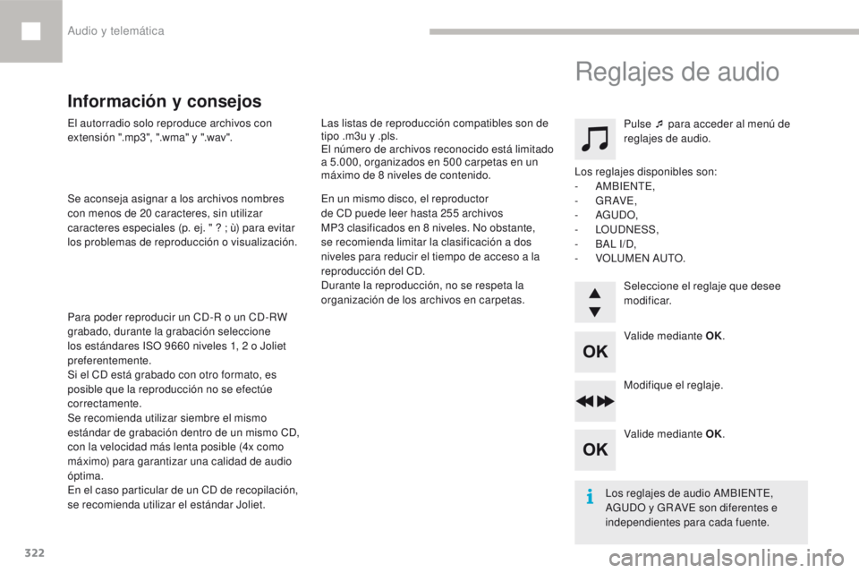 Peugeot 208 2015 Manual del propietario (in Spanish) 322
208_es_Chap10d_RDE1_ed01-2016
El autorradio solo reproduce archivos con
extensión ".mp3", ".wma" y ".wav".
Se aconseja asignar a los archivos nombres
con menos de 20 ca Peugeot 208 2015 Manual del propietario (in Spanish) 322
208_es_Chap10d_RDE1_ed01-2016
El autorradio solo reproduce archivos con
extensión ".mp3", ".wma" y ".wav".
Se aconseja asignar a los archivos nombres
con menos de 20 ca