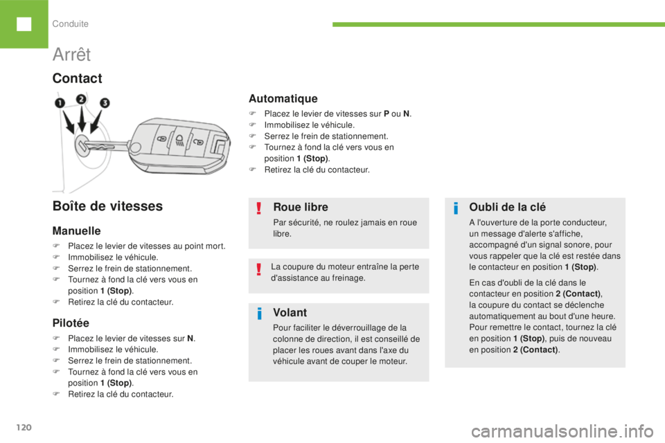 Peugeot 208 2015  Manuel du propriétaire (in French) Conduite
120
Arrêt
Contact
Oubli de la clé
A l'ouverture de la porte conducteur, 
un message d'alerte s'affiche, 
accompagné d'un signal sonore, pour 
vous rappeler que la clé est 