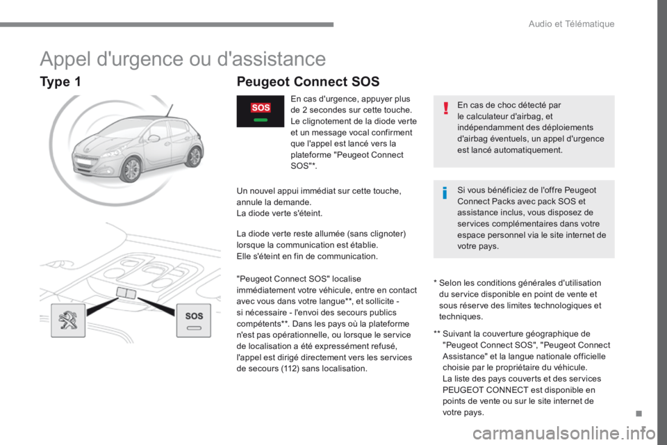Peugeot 208 2015 Manuel du propriétaire (in French) 1
Appel d'urgence ou d'assistance
Peugeot Connect SOS
En cas d'urgence, appuyer plus
de 2 secondes sur cette touche.
Le clignotement de la diode verte
et un message vocal confirment
que Peugeot 208 2015 Manuel du propriétaire (in French) 1
Appel d'urgence ou d'assistance
Peugeot Connect SOS
En cas d'urgence, appuyer plus
de 2 secondes sur cette touche.
Le clignotement de la diode verte
et un message vocal confirment
que