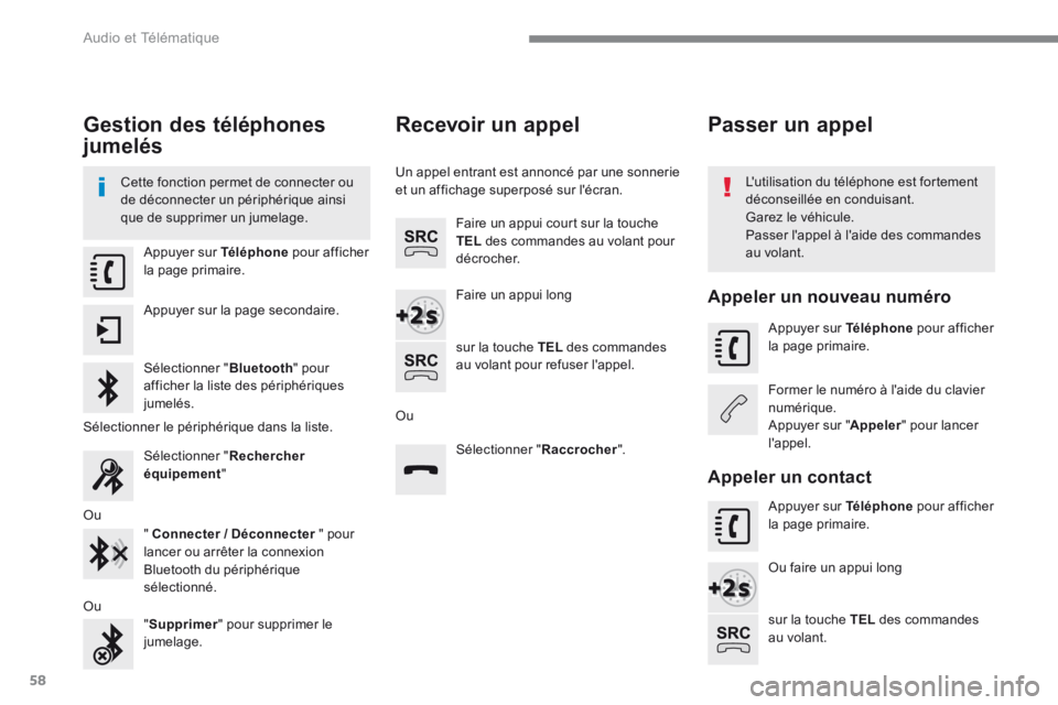 Peugeot 208 2015  Manuel du propriétaire (in French) 58
Gestion des téléphones 
jumelés
Cette fonction permet de connecter ou 
de déconnecter un périphérique ainsi 
que de supprimer un jumelage.L'utilisation du téléphone est fortement 
déco