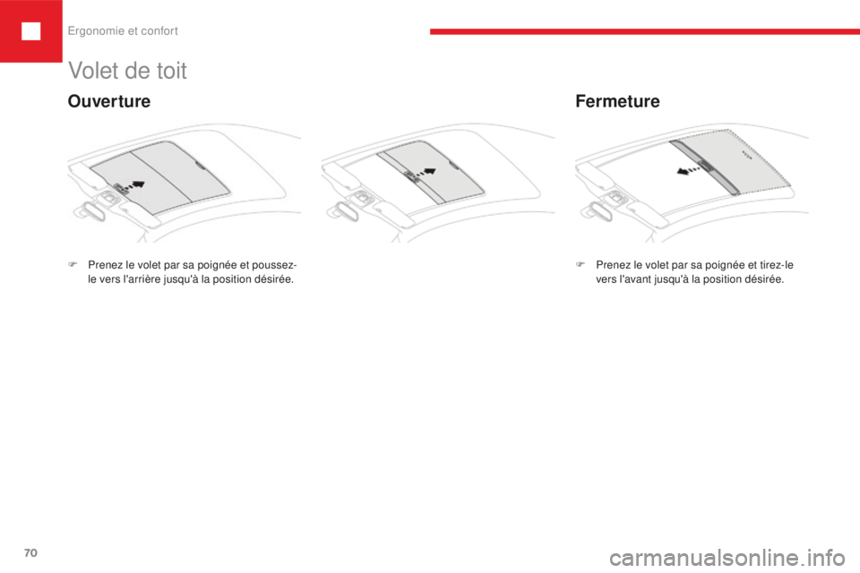 Peugeot 208 2015  Manuel du propriétaire (in French) Ergonomie et confort
70
Volet de toit
F Prenez le volet par sa poignée et poussez- le vers l'arrière jusqu'à la position désirée.
Fermeture
Ouverture
F Prenez le volet par sa poignée et 
