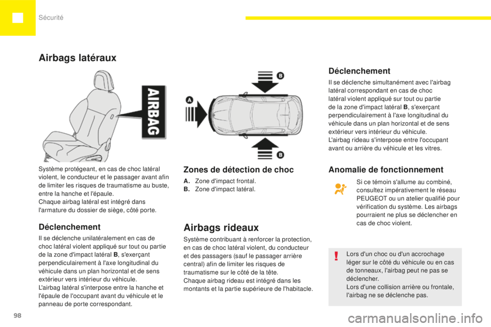 Peugeot 208 2015 Manuel du propriétaire (in French) Sécurité
98
Airbags latéraux
Déclenchement
Il se déclenche unilatéralement en cas de
choc latéral violent appliqué sur tout ou partie
de la zone d'impact latéral B , s'exerçant
pe Peugeot 208 2015 Manuel du propriétaire (in French) Sécurité
98
Airbags latéraux
Déclenchement
Il se déclenche unilatéralement en cas de
choc latéral violent appliqué sur tout ou partie
de la zone d'impact latéral B , s'exerçant
pe