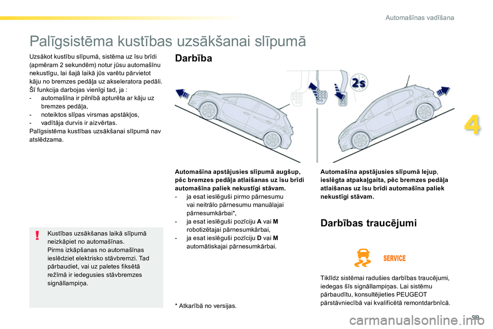 Peugeot 208 2014  Īpašnieka rokasgrāmata (in Latvian) 99
4
Automašīnas vadīšana
 
 
 
 
 
 
Palīgsistēma kustības uzsākšanai slīpumā 
 
Uzsākot kustību slīpumā, sistēma uz īsu brīdi 
(apmēram 2 sekundēm) notur jūsu automašīnu 
neku