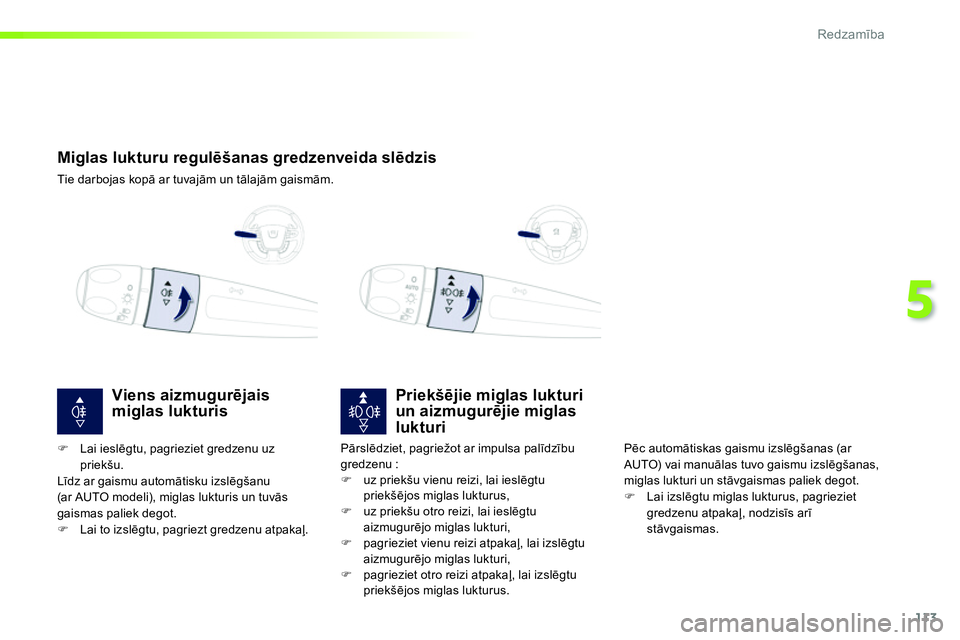 Peugeot 208 2014  Īpašnieka rokasgrāmata (in Latvian) 113
5
Redzamība
 
 
 
 
 
 
 
 
 
Miglas lukturu regulēšanas gredzenveida slēdzis 
 
Tie darbojas kopā ar tuvajām un tālajām gaismām.  
 
 
 
 
 
 
 
 
 
 
 
 
Priekšējie miglas lukturi 
un