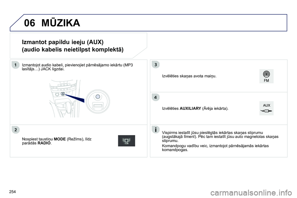 Peugeot 208 2014  Īpašnieka rokasgrāmata (in Latvian) 06
   
 
 
 
 
 
 
 
 
 
 
 
 
 
 
 
 
 
Izmantot papildu ieeju (AUX)  
(audio kabelis neietilpst komplektā) 
 
 
Izmantojot audio kabeli, pievienojiet pārnēsājamo iekārtu (MP3 
lasītājs…) JA