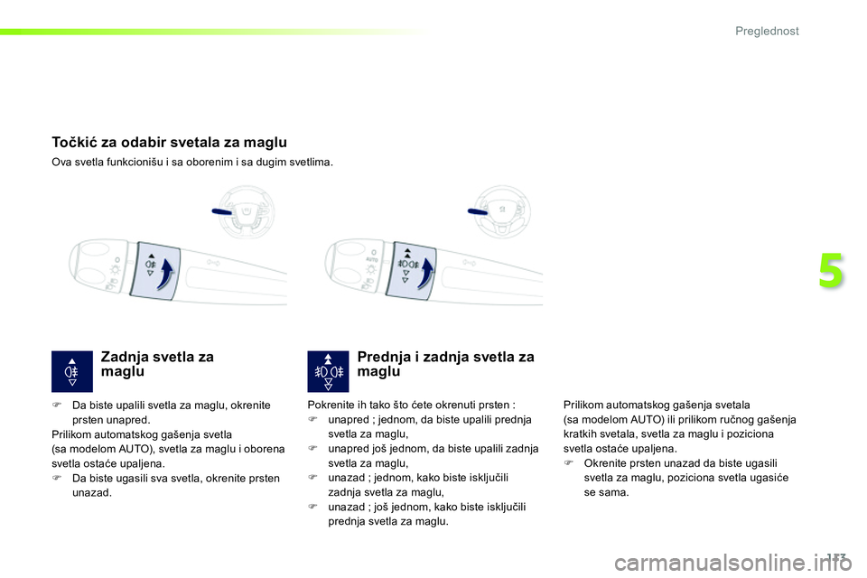 Peugeot 208 2014  Упутство за употребу (in Serbian) 113
5
Preglednost
   
 
 
 
 
 
 
 
Točkić za odabir svetala za maglu 
 
Ova svetla funkcionišu i sa oborenim i sa dugim svetlima.  
 
 
 
 
 
 
 
 
 
 
 
 
Prednja i zadnja svetla za 
maglu 
  Pri