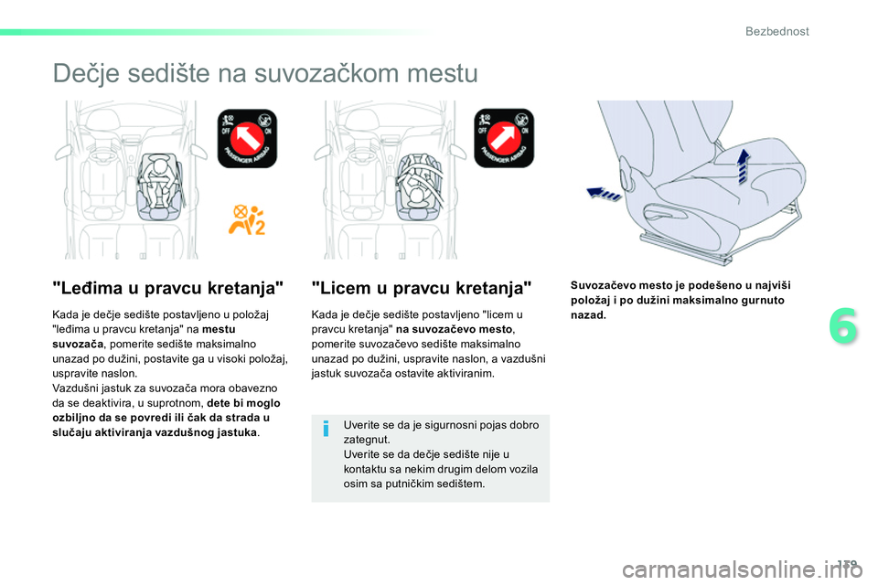 Peugeot 208 2014  Упутство за употребу (in Serbian) 139
6
Bezbednost
   
 
 
 
 
 
 
 
Dečje sedište na suvozačkom mestu 
 
 
"Leđima u pravcu kretanja"    
"Licem u pravcu kretanja" 
 
 
Uverite se da je sigurnosni pojas dobro 
zategnut. 
  Uverit