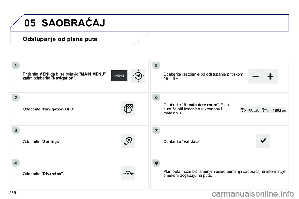 Peugeot 208 2014  Упутство за употребу (in Serbian) 05
   
Odstupanje od plana puta 
 
 
Pritisnite  MENI 
 da bi se pojavio " MAIN MENU 
" 
zatim odaberite " Navigation 
".  
   
Odaberite  Navigation GPS 
".  
   
Odaberite  Settings 
".  
   
Od