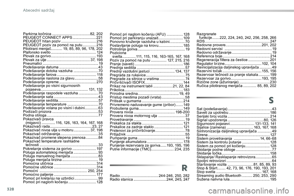 Peugeot 208 2014 Упутство за употребу (in Serbian) 328
Abecedni sadržaj
Pomoć pri naglom kočenju (AFU) ................ 128
Pomoć pri parkiranju unazad ........................ 109
Ponovno kruženje vazduha u kabini ............... 70
Postavljanje Peugeot 208 2014 Упутство за употребу (in Serbian) 328
Abecedni sadržaj
Pomoć pri naglom kočenju (AFU) ................ 128
Pomoć pri parkiranju unazad ........................ 109
Ponovno kruženje vazduha u kabini ............... 70
Postavljanje