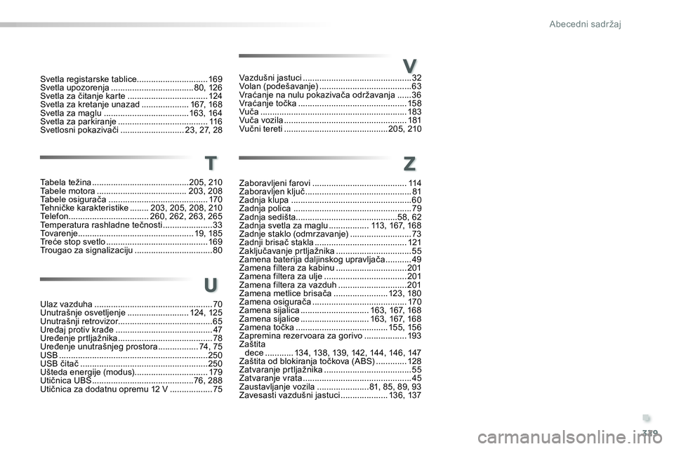 Peugeot 208 2014 Упутство за употребу (in Serbian) .
329
Abecedni sadržaj
Svetla registarske tablice.............................. 169
Svetla upozorenja ...................................80, 126
Svetla za čitanje karte ............................. Peugeot 208 2014 Упутство за употребу (in Serbian) .
329
Abecedni sadržaj
Svetla registarske tablice.............................. 169
Svetla upozorenja ...................................80, 126
Svetla za čitanje karte .............................