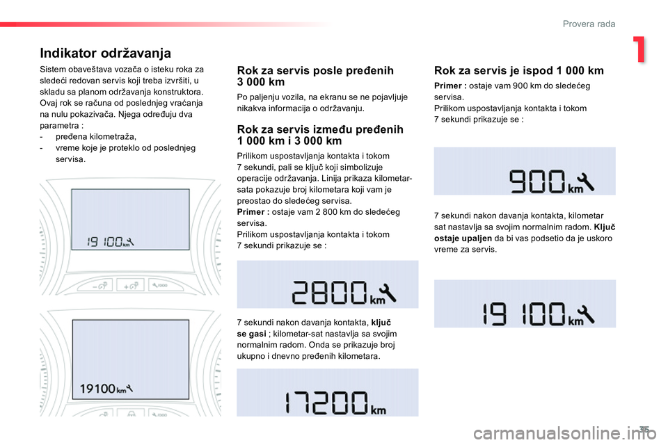 Peugeot 208 2014 Упутство за употребу (in Serbian) 1
35
Provera rada
Indikator održavanja
Rok za servis posle pređenih
3 000 km
Po paljenju vozila, na ekranu se ne pojavljuje
nikakva informacija o održavanju.
Sistem ob Peugeot 208 2014 Упутство за употребу (in Serbian) 1
35
Provera rada
Indikator održavanja
Rok za servis posle pređenih
3 000 km
Po paljenju vozila, na ekranu se ne pojavljuje
nikakva informacija o održavanju.
Sistem ob