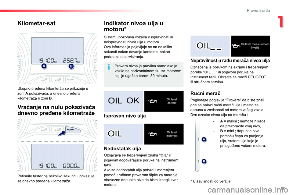 Peugeot 208 2014 Упутство за употребу (in Serbian) 1
37
Provera rada
Indikator nivoa ulja u
motoru *
Nedostatak ulja
Označava se treperenjem znaka " OIL
" ili
pojavom dogovarajuće poruke na instrument
tab Peugeot 208 2014 Упутство за употребу (in Serbian) 1
37
Provera rada
Indikator nivoa ulja u
motoru *
Nedostatak ulja
Označava se treperenjem znaka " OIL
" ili
pojavom dogovarajuće poruke na instrument
tab