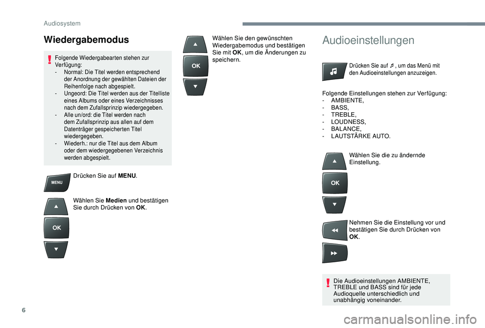 Peugeot 301 2018  Betriebsanleitung (in German) 6
Drücken Sie auf MENU.
Wählen Sie Medien  und bestätigen 
Sie durch Drücken von OK.
Audioeinstellungen
Drücken Sie auf ¯ , um das Menü mit 
den Audioeinstellungen anzuzeigen.
Die Audioeinstell