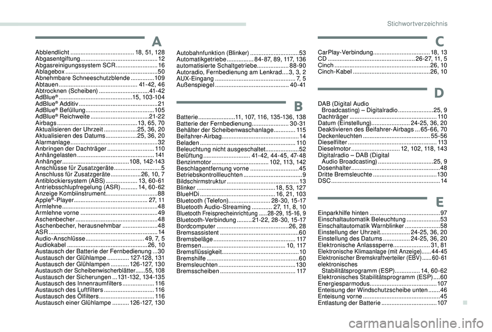 Peugeot 301 2018  Betriebsanleitung (in German) AAbblendlicht ...................................... 18, 51, 128
Abgasentgiftung  .............................................. 12
Abgasreinigungssystem SCR
 

.........................16
Ablagebox
 