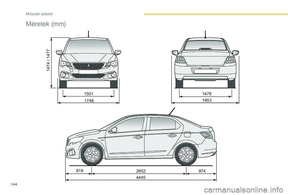 Peugeot 301 2018  Kezelési útmutató (in Hungarian) 144
Méretek (mm) 
Műszaki adatok  