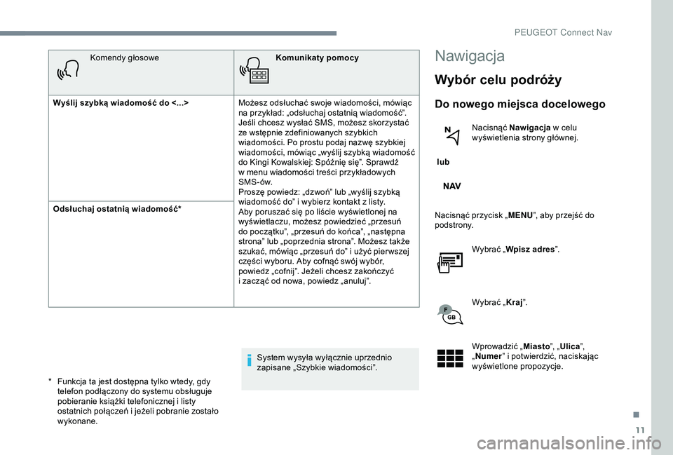 Peugeot 301 2018 Instrukcja Obsługi (in Polish) 11
Komendy głosoweKomunikaty pomocy
Wyślij szybką wiadomość do <...> Możesz odsłuchać swoje wiadomości, mówiąc
na przykład: „odsłuchaj ostatnią wiadomość”.
Jeśli chcesz wysła Peugeot 301 2018 Instrukcja Obsługi (in Polish) 11
Komendy głosoweKomunikaty pomocy
Wyślij szybką wiadomość do <...> Możesz odsłuchać swoje wiadomości, mówiąc
na przykład: „odsłuchaj ostatnią wiadomość”.
Jeśli chcesz wysła