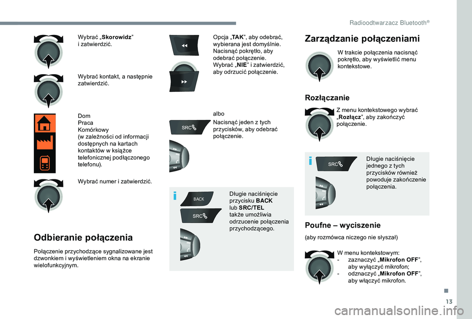 Peugeot 301 2018  Instrukcja Obsługi (in Polish) 13
BACK
Wybrać „ Skorowidz ” 
i   zatwierdzić.
Wybrać kontakt, a
  następnie 
zatwierdzić.
Dom
Praca
Komórkowy
(w
  zależności od informacji 
dostępnych na kartach 
kontaktów w
  książ