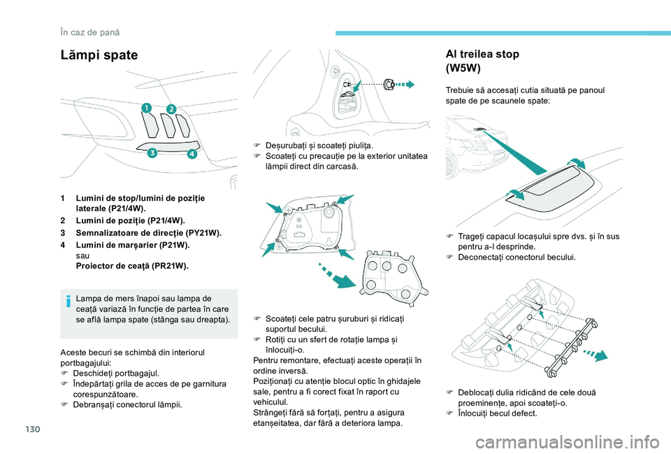 Peugeot 301 2018  Manualul de utilizare (in Romanian) 130
Lămpi spate
1Lumini de stop/lumini de poziție 
laterale (P21/4W).
2 Lumini de poziție (P21/4W).
3 Semnalizatoare de direcție (PY21W).
4 Lumini de marșarier (P21W).
sau
Proiector de ceață (P