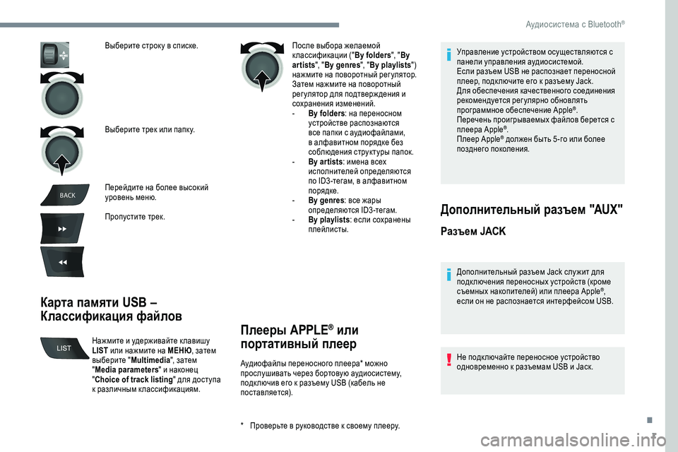 Peugeot 301 2018  Инструкция по эксплуатации (in Russian) 7
BACK
Карта памяти USB – 
Классификация файлов
После выбора желаемой 
к лассификации (" By folders", "By 
artists ", &#