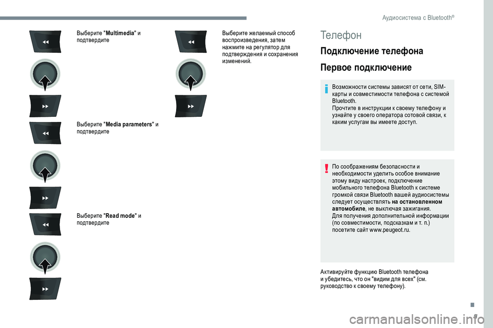Peugeot 301 2018  Инструкция по эксплуатации (in Russian) 9
Выберите "Multimedia" и 
подтвердите
Выберите " Media parameters " и 
подтвердите
Выберите " Read mode " и 
подтверд