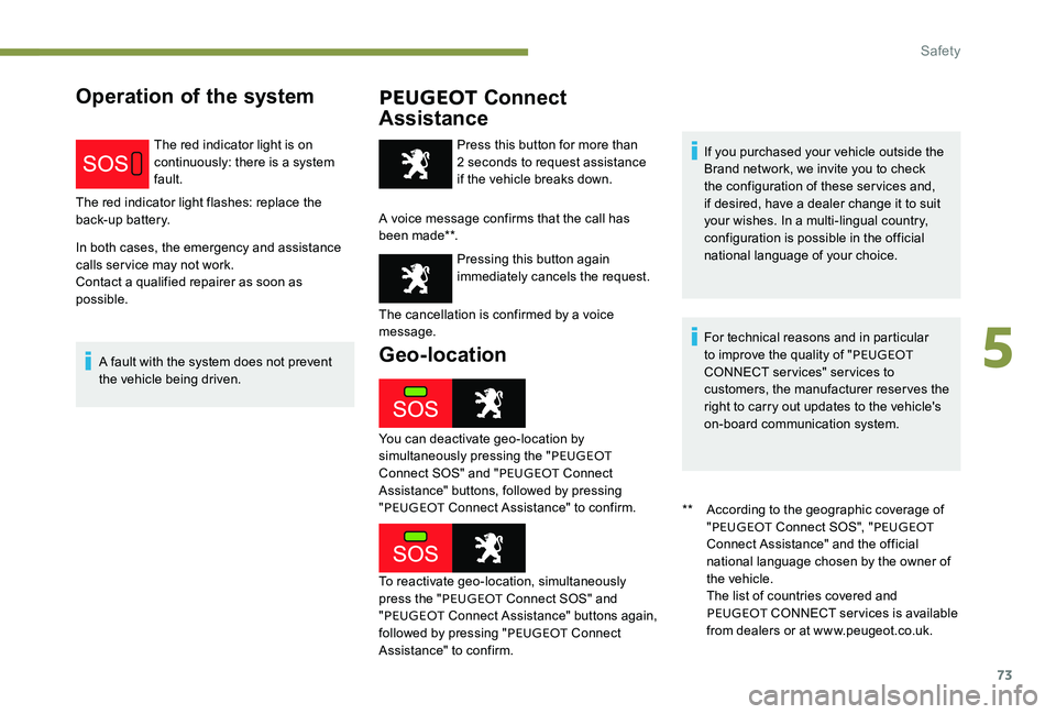 Peugeot 301 2017 Owners Manual 73
Operation of the systemPEUGEOT Connect
Assistance
The red indicator light is on
continuously: there is a system
fault.
The red indicator light flashes: replace the
back-up battery.
In both case Peugeot 301 2017 Owners Manual 73
Operation of the systemPEUGEOT Connect
Assistance
The red indicator light is on
continuously: there is a system
fault.
The red indicator light flashes: replace the
back-up battery.
In both case