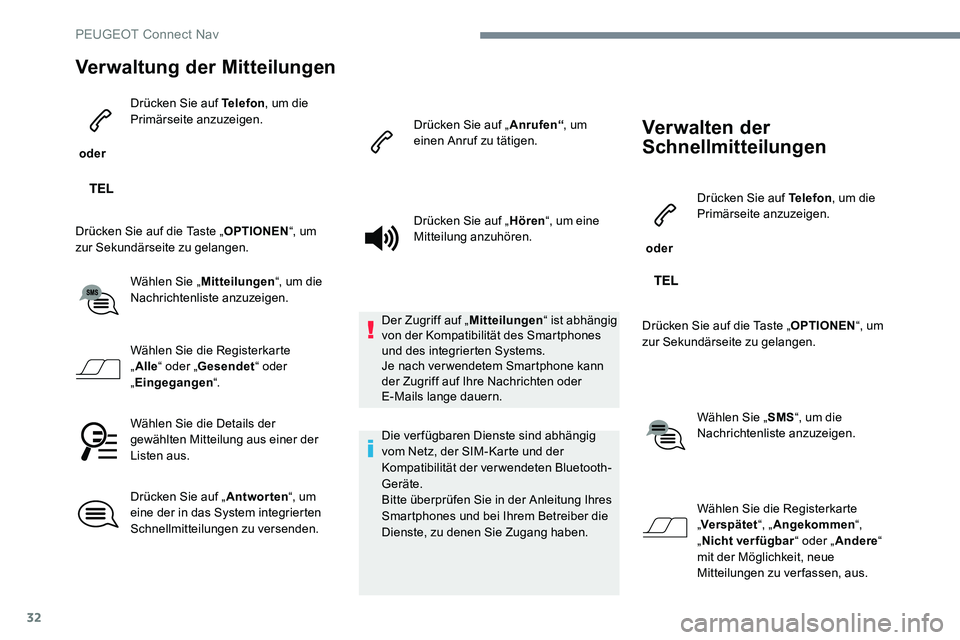 Peugeot 301 2017 Betriebsanleitung (in German) 32
Verwaltung der Mitteilungen
oder Drücken Sie auf Telefon
, um die
Primärseite anzuzeigen.
Drücken Sie auf die Taste „ OPTIONEN“, um
zur Sekundärseite zu gelangen.
Wählen Sie „ Mitteil Peugeot 301 2017 Betriebsanleitung (in German) 32
Verwaltung der Mitteilungen
oder Drücken Sie auf Telefon
, um die
Primärseite anzuzeigen.
Drücken Sie auf die Taste „ OPTIONEN“, um
zur Sekundärseite zu gelangen.
Wählen Sie „ Mitteil