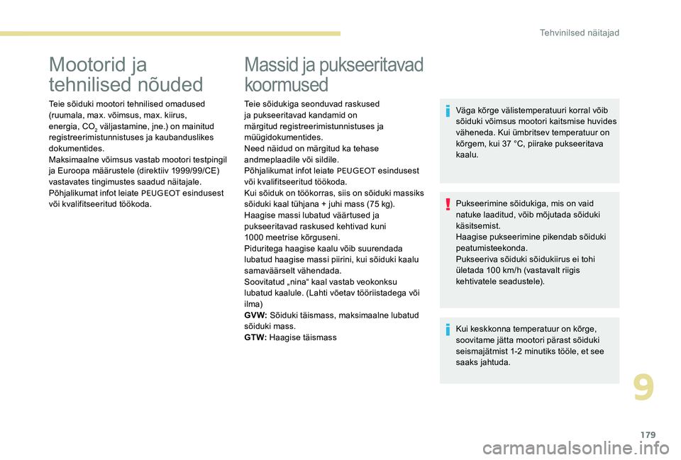 Peugeot 301 2017 Omaniku käsiraamat (in Estonian) 179
Mootorid ja
tehnilised nõuded
Teie sõiduki mootori tehnilised omadused
(ruumala, max. võimsus, max. kiirus,
energia, CO
2 väljastamine, jne.) on mainitud
registreerimistunnistuses ja kauba Peugeot 301 2017 Omaniku käsiraamat (in Estonian) 179
Mootorid ja
tehnilised nõuded
Teie sõiduki mootori tehnilised omadused
(ruumala, max. võimsus, max. kiirus,
energia, CO
2 väljastamine, jne.) on mainitud
registreerimistunnistuses ja kauba