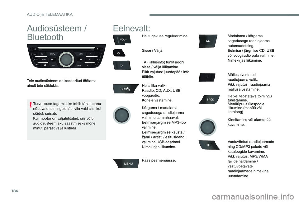 Peugeot 301 2017 Omaniku käsiraamat (in Estonian) 184
BACK
VOL+
TA
Audiosüsteem /
Bluetooth
Teie audiosüsteem on kodeeritud töötama
ainult teie sõidukis.
Eelnevalt:
Helitugevuse reguleerimine.
Sisse / Välja.
TA (liiklusinfo) funktsiooni
siss Peugeot 301 2017 Omaniku käsiraamat (in Estonian) 184
BACK
VOL+
TA
Audiosüsteem /
Bluetooth
Teie audiosüsteem on kodeeritud töötama
ainult teie sõidukis.
Eelnevalt:
Helitugevuse reguleerimine.
Sisse / Välja.
TA (liiklusinfo) funktsiooni
siss