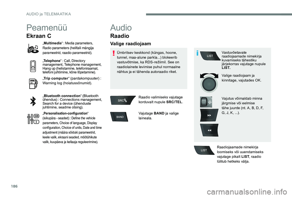 Peugeot 301 2017 Omaniku käsiraamat (in Estonian) 186
Peamenüü
Ekraan C
„Multimedia “ : Media parameters,
Radio parameters (helifaili mängija
parameetrid, raadio parameetrid).
„ Telephone“ : Call, Directory
management, Telephone managem Peugeot 301 2017 Omaniku käsiraamat (in Estonian) 186
Peamenüü
Ekraan C
„Multimedia “ : Media parameters,
Radio parameters (helifaili mängija
parameetrid, raadio parameetrid).
„ Telephone“ : Call, Directory
management, Telephone managem