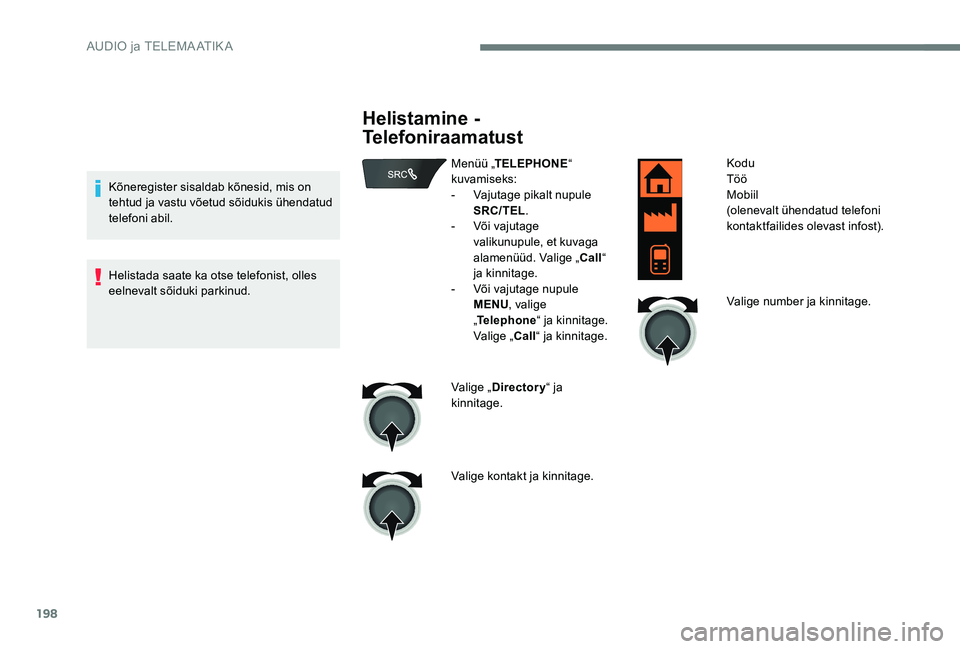 Peugeot 301 2017  Omaniku käsiraamat (in Estonian) 198
Kõneregister sisaldab kõnesid, mis on 
tehtud ja vastu võetud sõidukis ühendatud 
telefoni abil.
Helistada saate ka otse telefonist, olles 
eelnevalt sõiduki parkinud.
Helistamine - 
Telefon