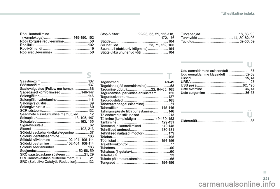 Peugeot 301 2017  Omaniku käsiraamat (in Estonian) 221
Rõhu kontrollimine  (komplektiga) ............................... 1
4 9 -15 0, 152
Rooli kõrguse reguleerimine
 ........................... 50
R

oolilukk
 ................
 ....................