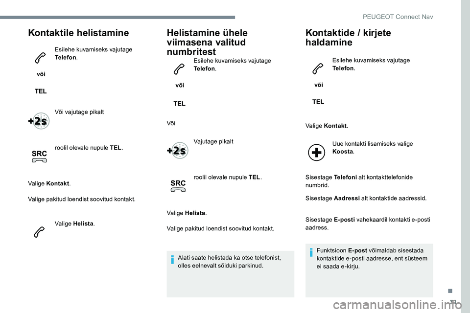 Peugeot 301 2017  Omaniku käsiraamat (in Estonian) 31
Kontaktile helistamine
 või Esilehe kuvamiseks vajutage 
Telefon
.
Või vajutage pikalt
roolil olevale nupule TEL .
Valige Kontakt .
Valige pakitud loendist soovitud kontakt.
Valige Helista .
Heli