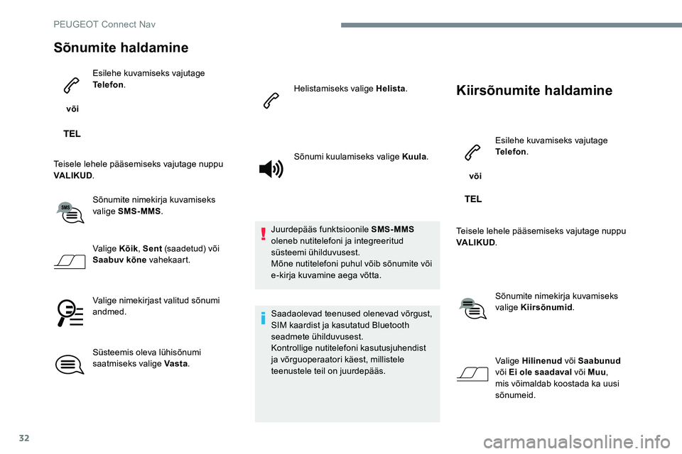 Peugeot 301 2017  Omaniku käsiraamat (in Estonian) 32
Sõnumite haldamine
 või Esilehe kuvamiseks vajutage 
Telefon
.
Teisele lehele pääsemiseks vajutage nuppu 
VALIKUD .
Sõnumite nimekirja kuvamiseks 
valige SMS-MMS .
Valige Kõik , Sent (saadetu