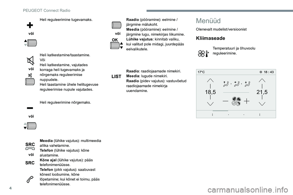Peugeot 301 2017  Omaniku käsiraamat (in Estonian) 4
21,518,5
 või Heli reguleerimine tugevamaks.
 või  Heli katkestamine/taastamine.
Või
Heli katkestamine, vajutades 
korraga heli tugevamaks ja 
nõrgemaks reguleerimise 
nuppudele.
Heli taastamine
