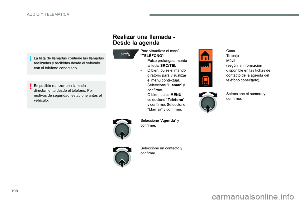 Peugeot 301 2017  Manual del propietario (in Spanish) 198
La lista de llamadas contiene las llamadas 
realizadas y recibidas desde el vehículo 
con el teléfono conectado.
Es posible realizar una llamada 
directamente desde el teléfono. Por 
motivos de