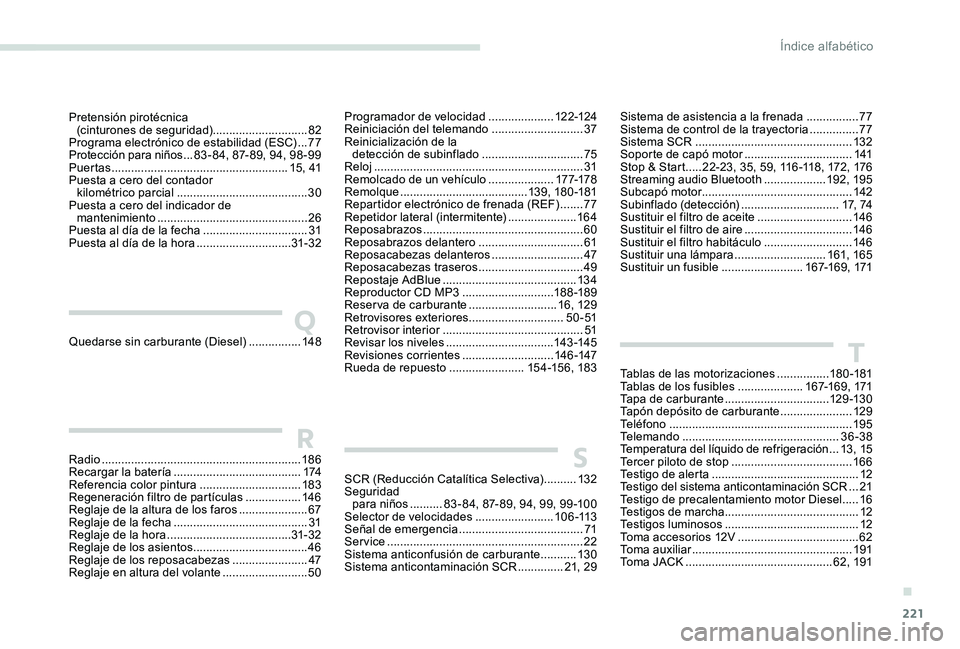 Peugeot 301 2017  Manual del propietario (in Spanish) 221
Quedarse sin carburante (Diesel) ................14 8
SCR (Reducción Catalítica Selectiva)
 
 ..........132
Seguridad   para niños
 .......... 8

3 - 84, 87- 89, 94, 99, 99 -100
Selector de vel