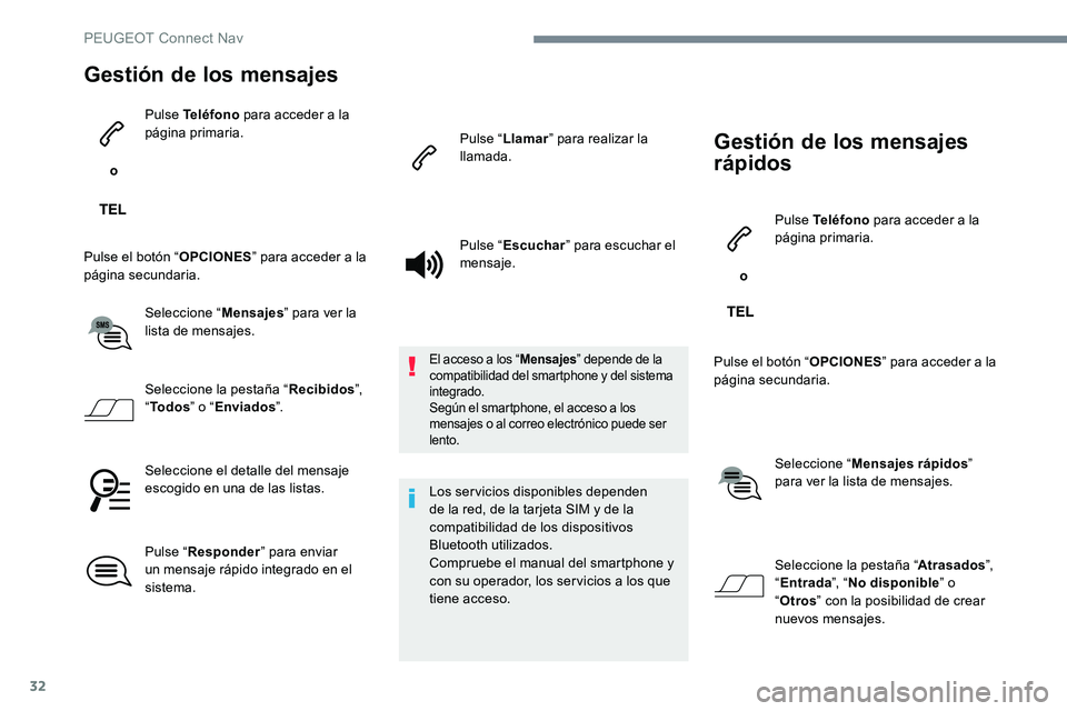 Peugeot 301 2017  Manual del propietario (in Spanish) 32
Gestión de los mensajes
 o Pulse Teléfono
 para acceder a la 
página primaria.
Pulse el botón “ OPCIONES” para acceder a la 
página secundaria.
Seleccione “ Mensajes” para ver la 
list
