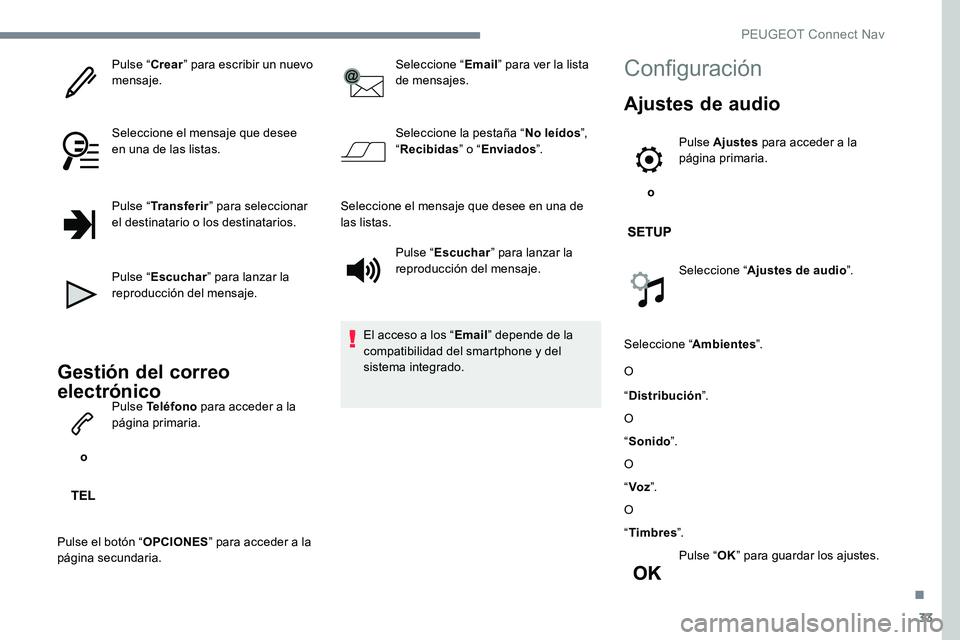 Peugeot 301 2017  Manual del propietario (in Spanish) 33
Pulse “Crear” para escribir un nuevo 
mensaje.
Seleccione el mensaje que desee 
en una de las listas.
Pulse “ Transferir ” para seleccionar 
el destinatario o los destinatarios.
Pulse “ E