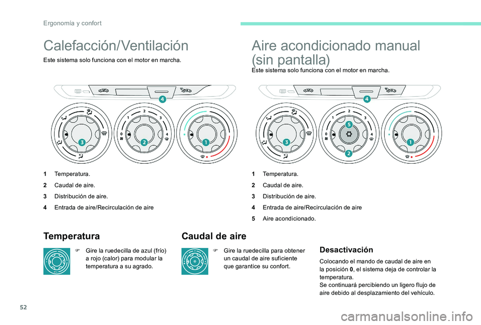 Peugeot 301 2017  Manual del propietario (in Spanish) 52
Calefacción/Ventilación
Este sistema solo funciona con el motor en marcha.
1Temperatura.
2 Caudal de aire.
3 Distribución de aire.
4 Entrada de aire/Recirculación de aire
Aire acondicionado man